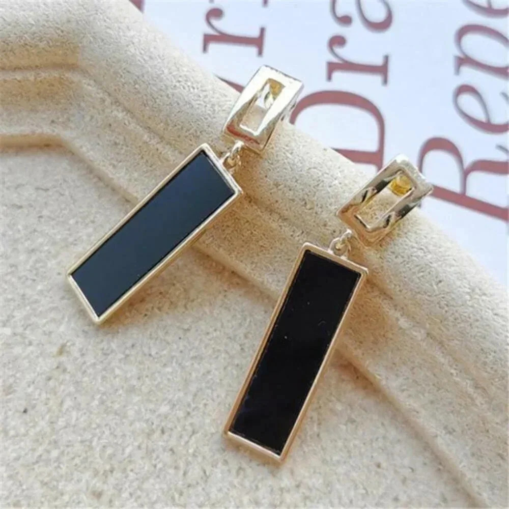 Elegant Black Enamel and Gold Open Rectangle 48x10mm Dangle Earrings